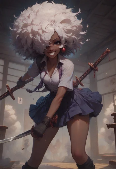score_9, score_8_up, score_8,
shinobu jacobs, white hair, (big hair, messy hair, afro:1.2), hair over one eye, thick eyelashes, dark skin, 
smile, happy,
school girl, combat, sword, fullbody, action post,
Dojo,
