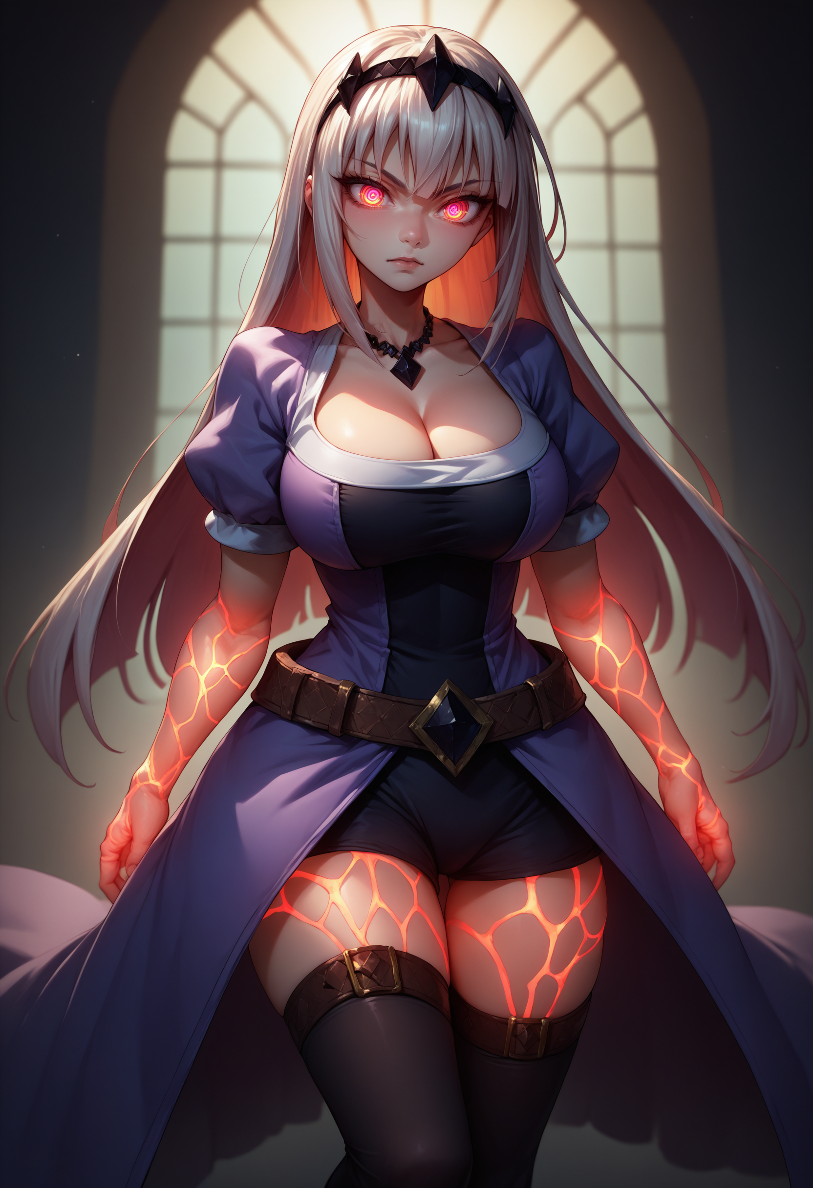 score_9, score_8_up, score_7_up, source_anime, glowing veins, glowing body, <lora:EnergyVeins_XLPD:1.2>,  <lora:Nikusa_XLPD_CAME:0.8> Nikusa, ringed eyes, cleavage, (inner thigh vent), puffy sleeves, tiara, purple dress, puffy short sleeves, black hairband, necklace, collarbone, belt, thighhighs, looking at viewer,