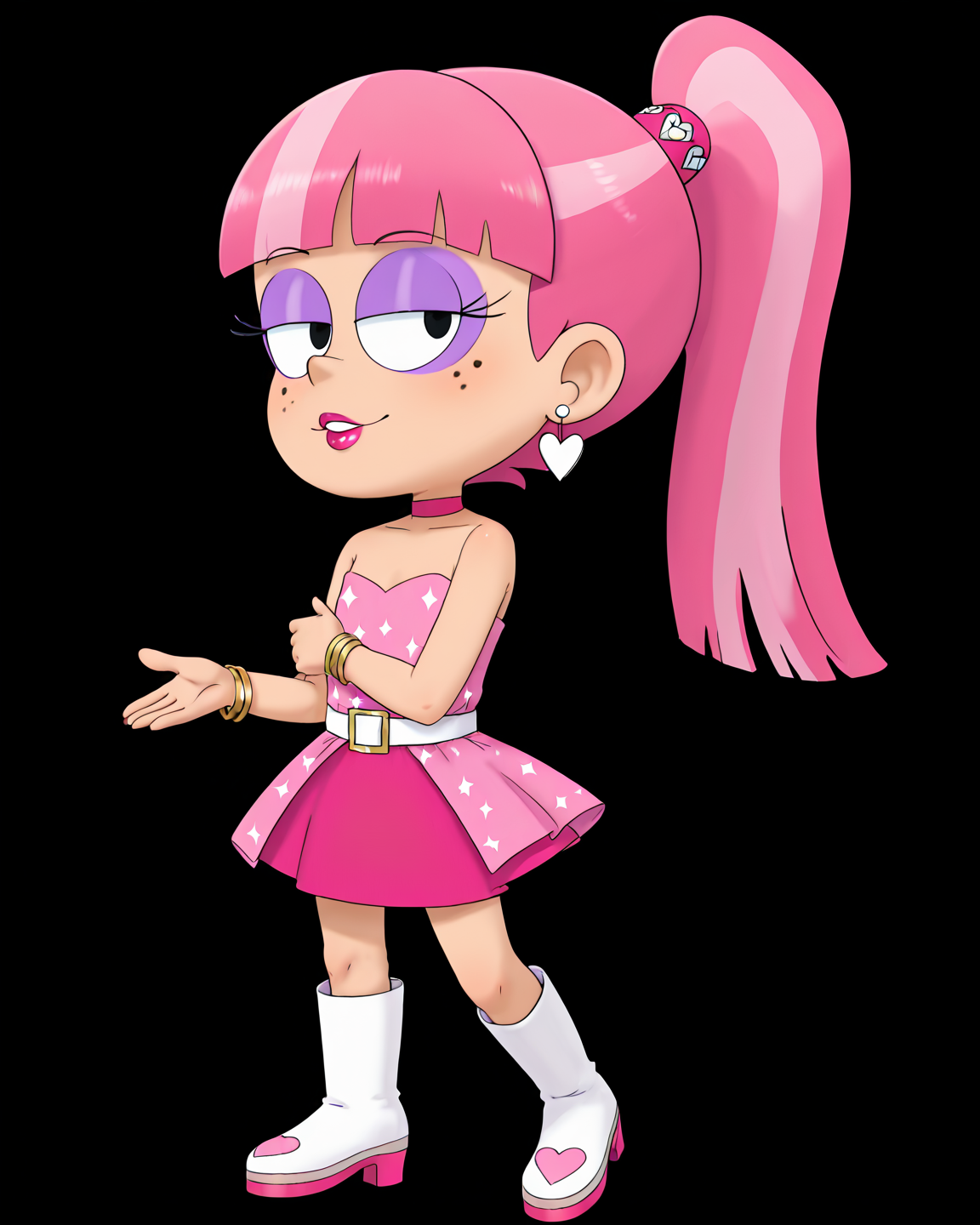 score_9, score_8_up, score_7_up, masterpiece, best quality, newest, absurdres, highres, amazing quality, colorful, 
masterpiece, best quality, absurdres, newest, very aesthetic, amazing quality,highres,sensitive, absurdres, high resolution, ultra detailed, perfect details,
source_cartoon,   toon (style), (cartoon:1.0), source_carton:1.1, rating:suggestive, dynamic sexy pose, seductive, sultry,
detailed,detailed eyes,perfect eyes,detailed,detailed hands,perfect hands,detailed,detailed legs,perfect hands, 1girl, solo,  
<lora:hoshime_style:0.6> , Hoshime_Style, petite,
 <lora:Lulu_Louder_Pony:0.8> , Lulu_Louder, jewelry, pink hair, ponytail, makeup, long hair, eyeshadow, 
choker, boots, white footwear, dress, heart earrings, black background, simple background, belt, standing, lipstick, freckles, black eyes, bracelet,