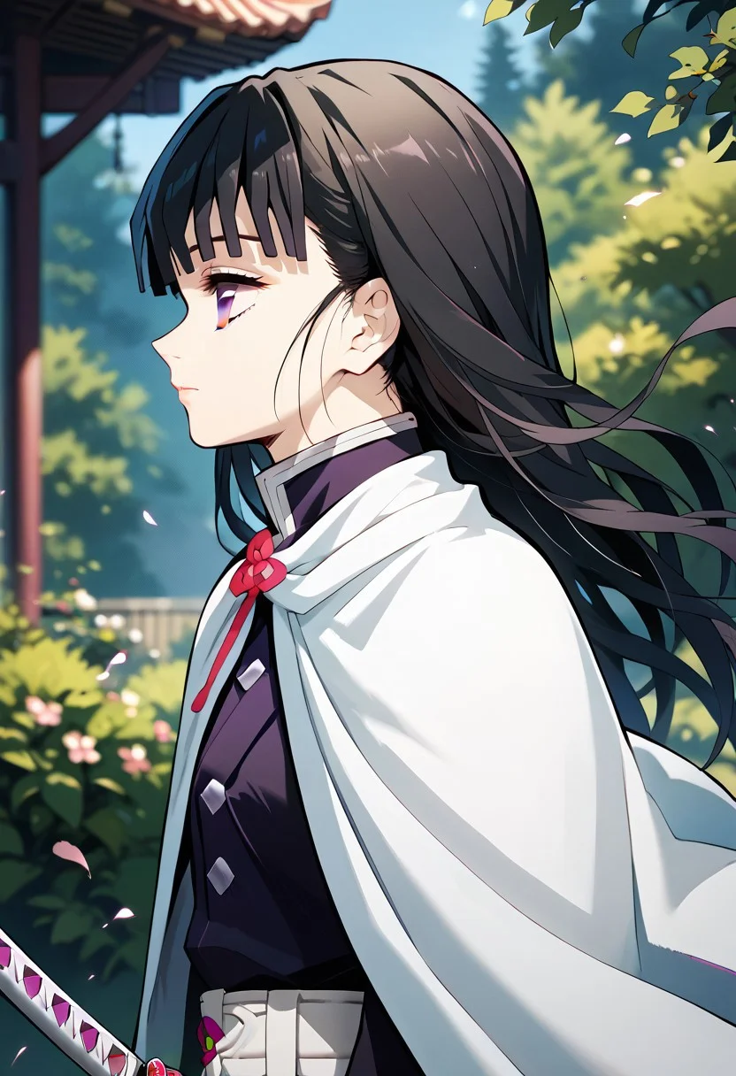 score_9,score_8_up,score_7_up,source_anime, tsuyuri kanao,1girl,solo,long hair,upper body,weapon,outdoors,sword,cape,from side,profile,blurry background,katana,white cape,demon slayer uniform,