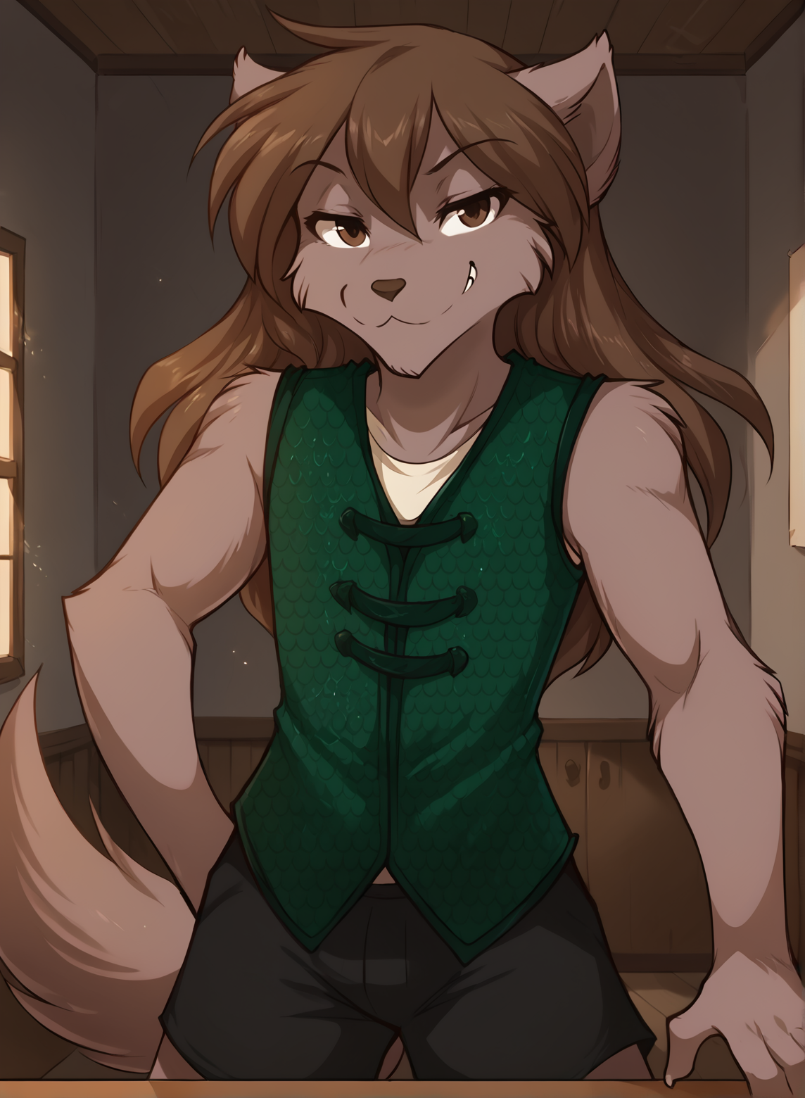 score_9, score_8_up, score_7_up,score_6_up,score_5_up
BREAK
solo, anthro furry female, flat chest, (seductive, smug), natani-vest-twokinds, vest, shorts, (indoors)
BREAK
<lora:Natani-Twokinds-SDXL-AnonTK-V3:0.8> , natani-twokinds, keidran, mammal, wolf tail, brown eyes, long hair, <lora:Natani-Vest-Twokinds-SDXL-AnonTK-V7:0.6>