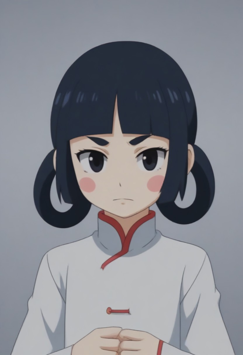 source_anime, anime screencap, source_anime, auratheguillotine, anime screencap, masterpiece, source_anime, shiny skin,,,,,,,,,<lora:jasmineMedi_illustriousXL_v01:1> jasmindef, black hair, blunt bangs, short hair, black eyes, blush stickers, hair rings, sidelocks, small brows, chinese clothes, white dress,