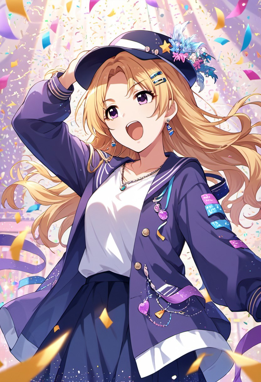 score_9, score_8_up, score_7_up, source_anime,kiryuu tsukasa, blonde hair, purple eyes, long hair, 1girl, hat, earrings, jewelry, hairclip, hair ornament, solo, singing, confetti, open mouth
