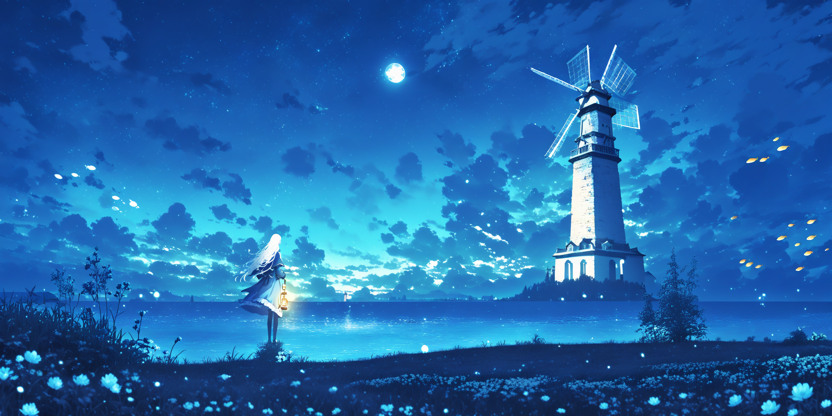 1girl, 
blue theme, scenery, moon, grass, solo, long hair, fantasy, night, sky, outdoors, monochrome, dress, full moon, star \(sky\), starry sky, fish, standing, night sky, flower, building, capelet, water, silhouette, lighthouse, flying fish, fantasy world, cloud, landscape, facing away, grasslands, holding, stargazing, from behind, wide shot, tree, windmill, cloudy sky, waterfall, long sleeves, white hair, lantern, horizon, blue dress, city lights, holding lantern, very long hair, light particle
 <lora:lifelineXL_NB11_lokr_V6311P:0.95>