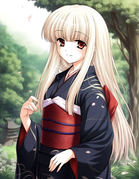 score_9, score_8_up, score_7_up, source_anime, rating_explicit, BREAK   <lora:Rindou_Ver2.0_XL:1> Rindou, solo, red eyes, long hair, white hair, blonde hair, albino,
 japanese clothes,  black kimono, outdoors, sash, obi, day,  long sleeves, nature, tree, brown eyes, 
spring,
light_smile,
looking at viewer, 
cowboy_Shot,