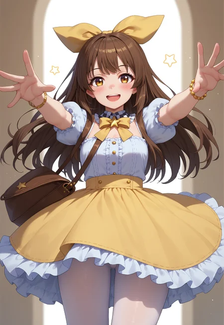 score_9, score_8_up, score_7_up, limgae, 1girl, solo, :d, bag, blush, bow, bracelet, brown hair, checkered, detached collar, dress, frilled sleeves, frills, hair ribbon, jewelry, long hair, looking at viewer, open mouth, outstretched arms, pantyhose, puffy short sleeves, puffy sleeves, ribbon, short sleeves, shoulder bag, smile, spread arms, star (symbol), white pantyhose, yellow bow