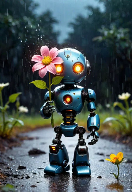photo of sad tiny robot holding a glowing flower in hands, looking far, end of the world, apocalypse, dark fantasy, smooth, raining day