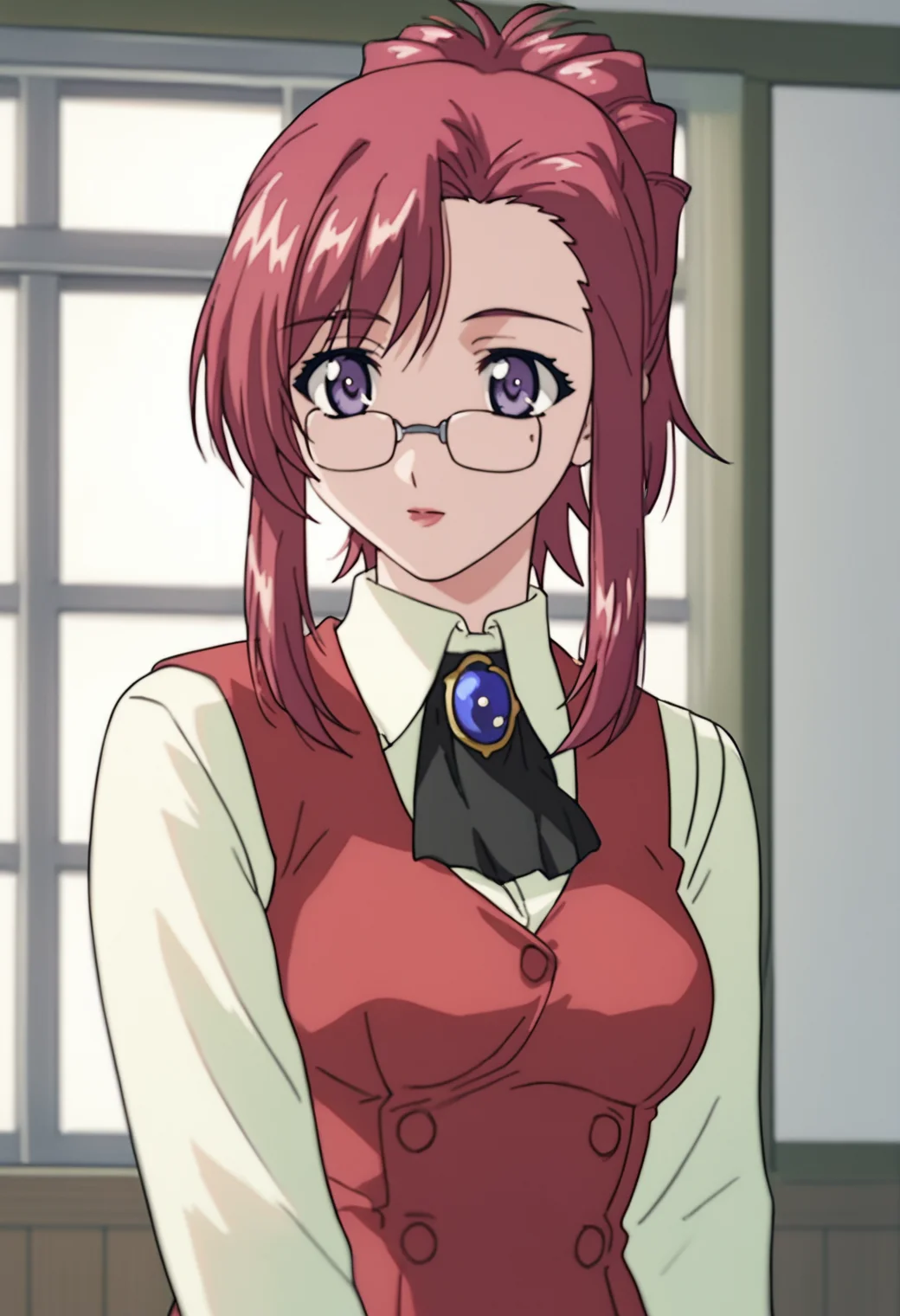 source_anime, score_9, score_8_up, score_7_up, white background, 1girl, solo, cowboy shot, <lora:KazamiMizuho:0.8> kazami mizuho, glasses, ponytail, teacher, vest, brooch