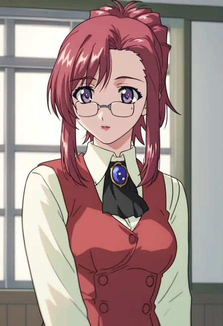source_anime, score_9, score_8_up, score_7_up, white background, 1girl, solo, cowboy shot, <lora:KazamiMizuho:0.8> kazami mizuho, glasses, ponytail, teacher, vest, brooch