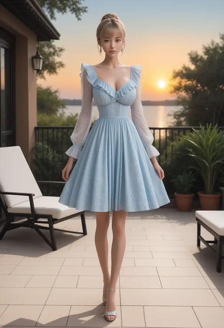 masterpiece, best quality, (highly detailed:1.4), (realistic skin:1.4), 1girl, ch3v4l13r, (slim:1.5), brown eyes, short blonde hair, asymmetrical bangs, braided bun, earrings, covered large breasts, QUNZI2,,frilled dress,light blue dress,white sheer neck,long sleeves,floral print,frills,puffy sleeves,see-through sleeves,, covered gigantic breasts, covered erectr nipples, closed eyes, open mouth, (dress lift), (covered big puffy pussy:1.2), (covered big clitoris),covered clitoris hoods, visible panties, (hetero:1.1), (1man:1.2), (muscular old man), (clothed male),,, (hugging:1.1), (big penis bulge erected:1.15), standing, pov, (cowboy shot:1.3), lounge_chair, patio, water, greenery,sunset, , (from side:1.3),,dynamic pose, back lighting,,(absurdres), intricate_details, refined_textures, volumetric_lighting, perfect_shadow, realistic_depth, hyperfocus, (depth_of_field:1.2),
high_quality, beautiful, score_9, score_8_up, score_7_up, aidmaimageupgrader,