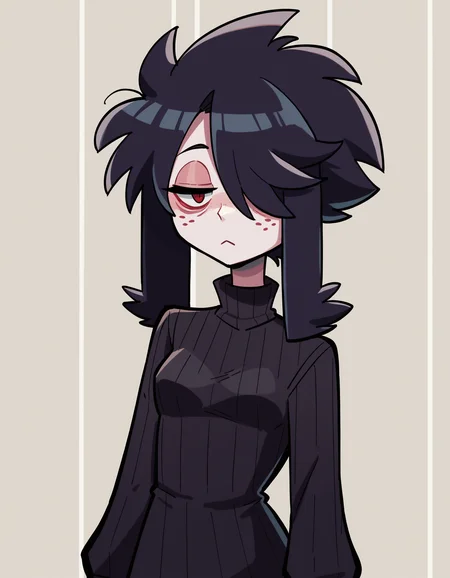 zPDXL, score_9, score_8_up, score_7_up, source_anime, 1girl, solo, absurdres, 4k, <lora:anapijama:0.8> anapijama
black sweater, turtleneck sweater, dress, sweater dress, white leggings, (portrait),, <lora:Furfrou_v2:0.8> furfrou, (dog ears, dog tail, dog girl), black fur, white skin, red eyes, jitome, bags under eyes, small breasts, freckles, hair over one eye, body freckles, half-closed eyes