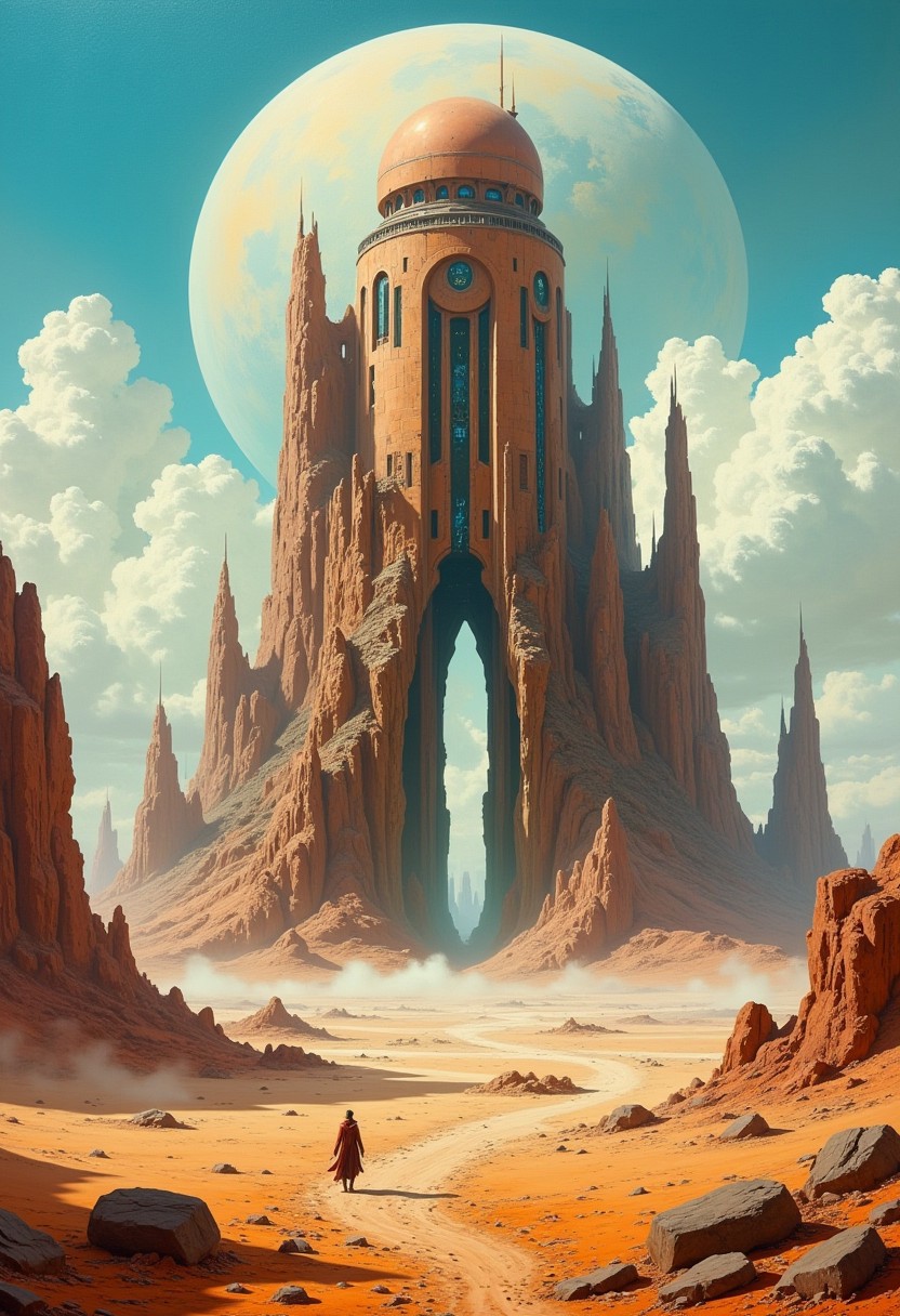 masterpiece, oil painting of a ruined, abandoned alien cityscape raising out of an arid, dusty plain, featuring towers and domes