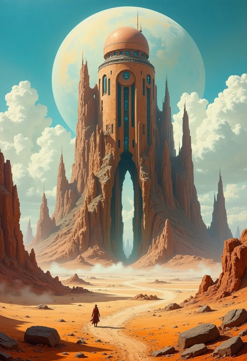 masterpiece, oil painting of a ruined, abandoned alien cityscape raising out of an arid, dusty plain, featuring towers and domes