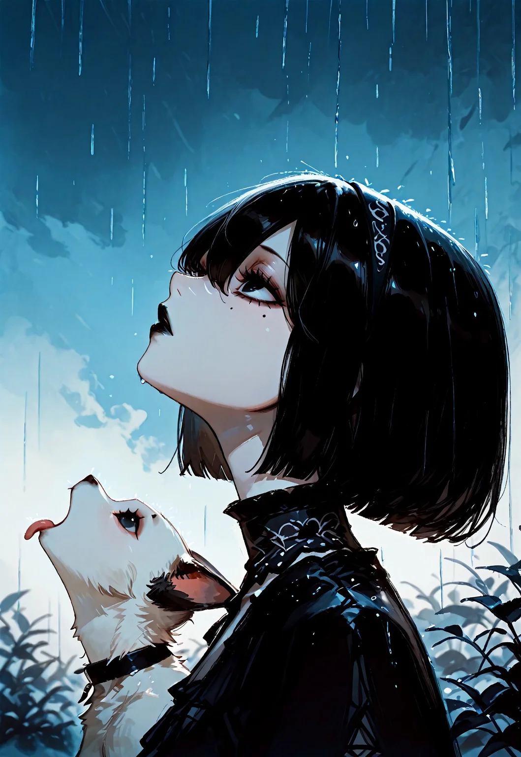 masterpiece, newest,absurdres,incredibly absurdres, best quality, amazing quality, very aesthetic, (negative space:1.2), 1girl, solo, black hair, bob cut, hair band, hair between eyes, black eyes, detailed eyes, makeup, eyelashes, maskara, black lips, mole under eye, expressionless,(pale skin:0.7), goth fashion, animal, Siamese cat, (tongue out:0.6), goku_and_vegeta_in_the_rain_(meme), rain, open mouth,looking up, soft light, warm light, painting \(medium\), portrait, from side, profile,limited palette, flat colors, dark theme, blue sky background, blending, anime style, fuyumur4s4ki_illu,traditional media, perspective, depth of field, scenery