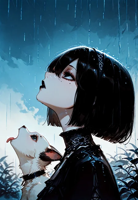 masterpiece, newest,absurdres,incredibly absurdres, best quality, amazing quality, very aesthetic, (negative space:1.2), 1girl, solo, black hair, bob cut, hair band, hair between eyes, black eyes, detailed eyes, makeup, eyelashes, maskara, black lips, mole under eye, expressionless,(pale skin:0.7), goth fashion,  animal, Siamese cat, (tongue out:0.6), goku_and_vegeta_in_the_rain_(meme),  rain, open mouth,looking up, soft light, warm light, painting \(medium\), portrait, from side, profile,limited palette, flat colors, dark theme, blue sky background, blending, anime style, fuyumur4s4ki_illu,traditional media, perspective, depth of field, scenery