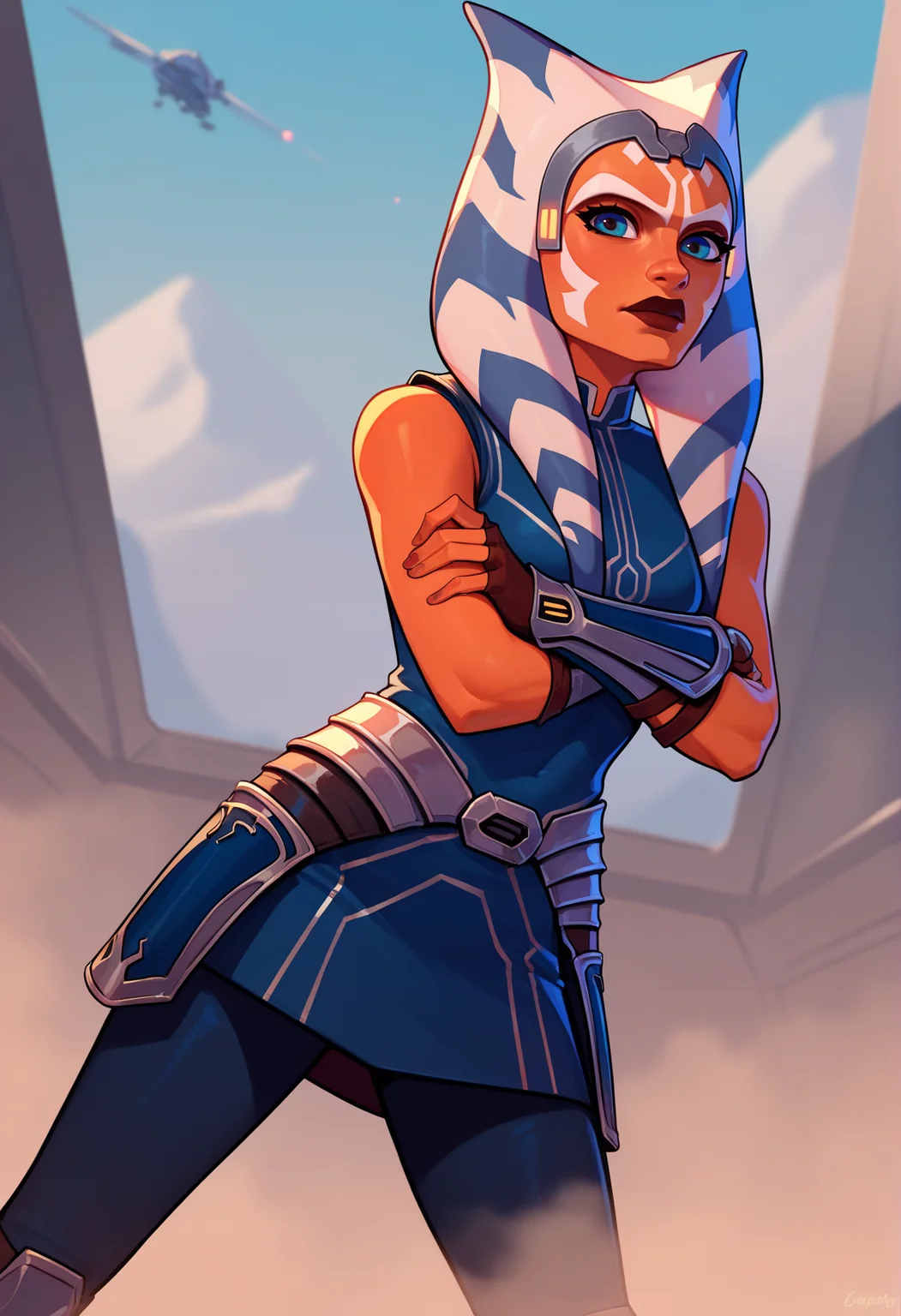 score_9, score_8_up, score_7_up, 1girl, solo, grey headband, ahss7, <lora:AhsokaS7PDXL_V1-Manityro-adamw:1.0>, outdoors, dark, stormy sky, spacecraft, fog, looking at viewer, Outfit1, blue shirt, sleeveless, hip armor, blue skirt, vambraces, fingerless gloves, blue leggings, crossed arms,