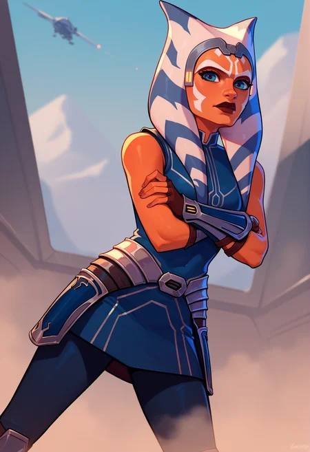 score_9, score_8_up, score_7_up, 1girl, solo, grey headband, ahss7, <lora:AhsokaS7PDXL_V1-Manityro-adamw:1.0>, outdoors, dark, stormy sky, spacecraft, fog, looking at viewer, Outfit1, blue shirt, sleeveless, hip armor, blue skirt, vambraces, fingerless gloves, blue leggings, crossed arms,