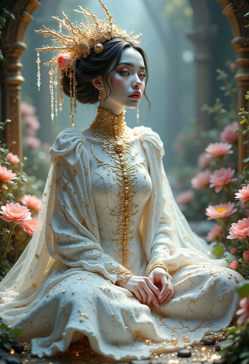 golden cracks on white, A professional photography of a gothic geisha with whimsical elements, surrounded by an magical and eerie fairytale landscape with sparkling crystals and colorful flowers, awesome appearence, fantastic cyberpunk art concept, intricate details, trending on artstation, masterpiece, 8k