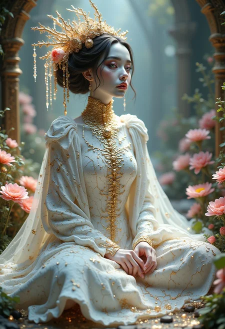 golden cracks on white, A professional photography of a gothic geisha with whimsical elements, surrounded by an magical and eerie fairytale landscape with sparkling crystals and colorful flowers, awesome appearence, fantastic cyberpunk art concept, intricate details, trending on artstation, masterpiece, 8k