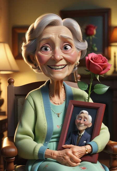 pixar character ,pixar style,a grandmother ,cute smile holding a rose,hugging dead husbands picture frame, seating at the chair,loved, emotional,watery eyes,very detailed face,living room background, (a picture frame of the death husband at ht wall ) (best quality), (masterpiece), (best lighting), (high detailed skin:1.0),( detailed eyes), 8k uhd, dslr, soft lighting, best quality, film grain, Fujifilm XT3,