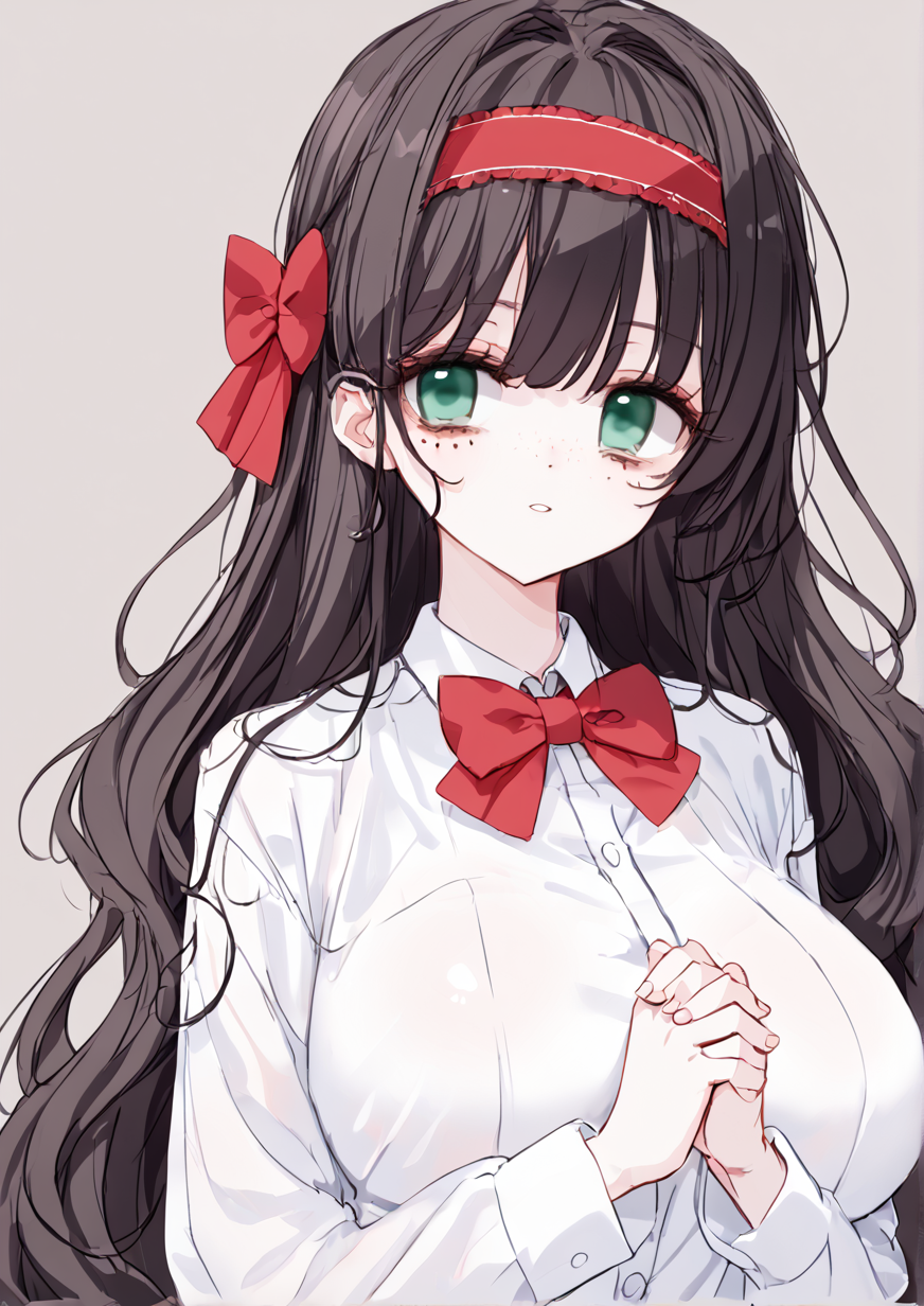 1girl, ishizu moe, huge breast, bags under eyes, black hair, bow, bowtie, empty eyes, freckles, green eyes, grey background, headband, jimiko, long hair, looking at viewer, own hands together, parted lips, red bow, red bowtie, red headband, solo, wavy hair, zPDXL3,handfixer <lora:HandFixer_pdxl_Incrs_v1:1> <lora:MOHU:0.9>