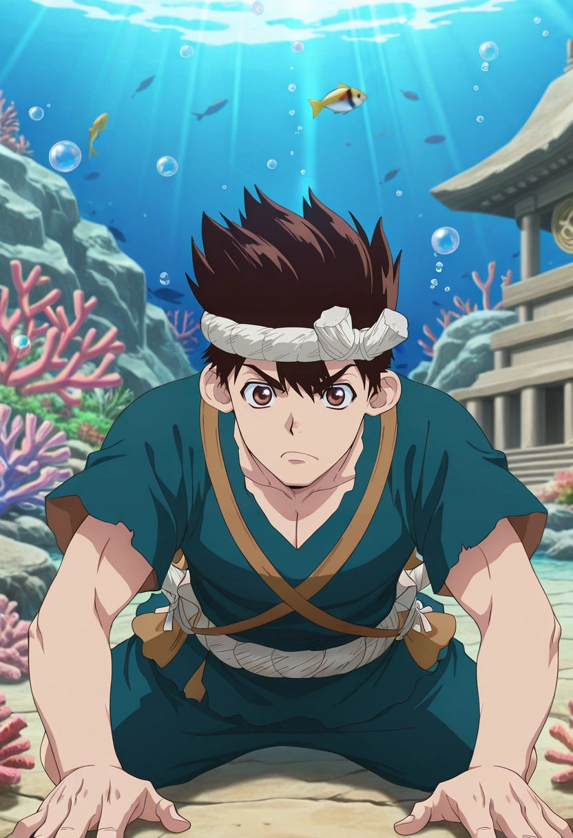 masterpiece, best quality, , anime screencap, anime coloring, official style, , 1boy, solo, male focus, <lora:chrome_dr_stone_ilxl:0.98>, chrome_dr_stone, brown hair, brown eyes, short hair, spiked hair, headband, hachimaki, underwater temple, coral growth, fish schools, light rays, swimming pose, determined expression, bubbles, irish costume
