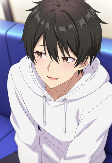 masterpiece, best quality, intricate details,official style, depth of field, anime coloring , , , 1boy, solo, male focus, <lora:Yuu_Natsume:0.82> ,yuu natsume, black hair, short hair, brown eyes, hood, white hoodie, shy, sitting, upper body, sweater, looking to the side,smile, open mouth