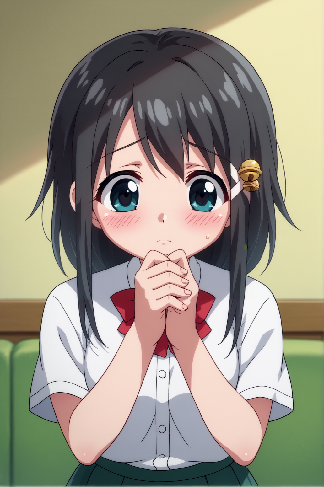 score_9, score_8_up, score_7_up,anime_source, source_anime, best background, detailed background,   hiyori, 1girl, bell, blush, shy, introvert, cute,  victory fingers, best hand, school uniform, solo  indoors,   <lora:Hiyori_Kazane:0.8>