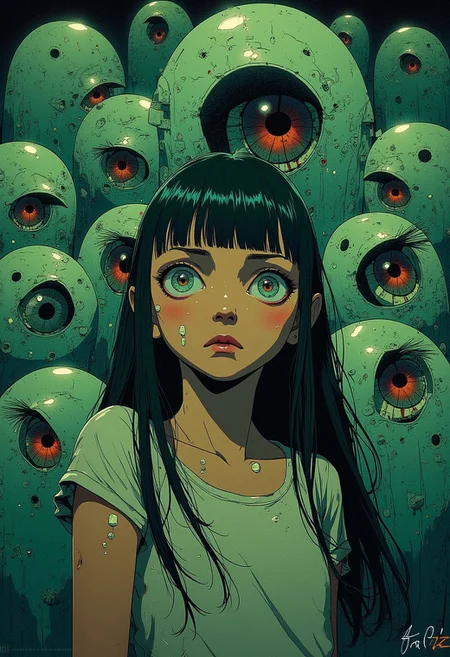 anime,cyberpunk, A young girl with large, apprehensive eyes stands amidst a cacophony of disembodied, bloodshot eyes. Render this in a gritty, expressionistic style, emphasizing jarring color contrasts and impasto brushstrokes. Employ a worm's-eye view to enhance the feeling of being watched. The girl's face and the surrounding eyes should be the focal points, illuminated by an unseen, sickly green light source. The background recedes into an indiscernible darkness.