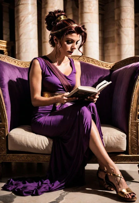 Ultra Realistic, cinematic, high angle, chill,  (Megara, 
ponytail :1.2), classy toga, slumped on a ancient Greek sofa, glam, reading magazine "Athena"