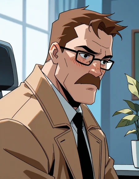 lazypos,<lora:Commissioner_James_Gordon_-_The_Batman-000019:1>,<lora:Batman_-_IO_Illustrious:0.5>,<lora:BatSup_Anim_90s_ILXL:0.4>,<lora:Commissioner Gordon:1>,western Comic book style:1.5,DC Comics:1.3,photorealistic, impressionism (1.5), high detail,male focus, face focus, eye focus, depth of field, (blurred background), (dramatic lighting), masterpiece, best quality, very aesthetic,8k,masterpiece, best quality,masterpiece, best quality, 8k,1 boy,POV from across a desk,an interview in an office,side view,1boy (Commissioner James Gordon, Facial Hair, Mustache, Glasses, Brown Hair, Black Eyes, glasses, tan coat, tie, sitting in an office chair, in an office, in front of a desk, looking embarrassed), detailed face, detailed eyes, skin texture