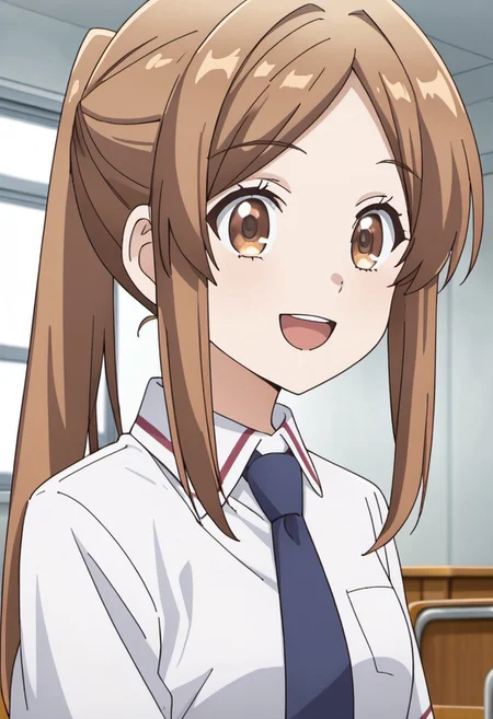 score_9, source_anime, tiona rudolvon, brown hair, brown eyes, long hair, 1girl, solo, smile, ponytail, shirt, open mouth, white shirt, necktie, school uniform, :d, collared shirt, indoors