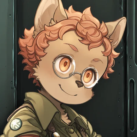 BREAK, <lora:Socks_Million_Illustrious_V1:1>, Socks Million, Fuga: Melodies of Steel, kemono, furry male, young male, 1boy, dog boy, cream fur, orange eyes, orange hair, black nose, animal ears, dog ears, pointy ears,
BREAK, Fuga 1 Outfit, suspenders, pins, green button-up, rolled up sleeves, glasses,
BREAK, solo, face focus, close-up, smile, looking away, head tilt,