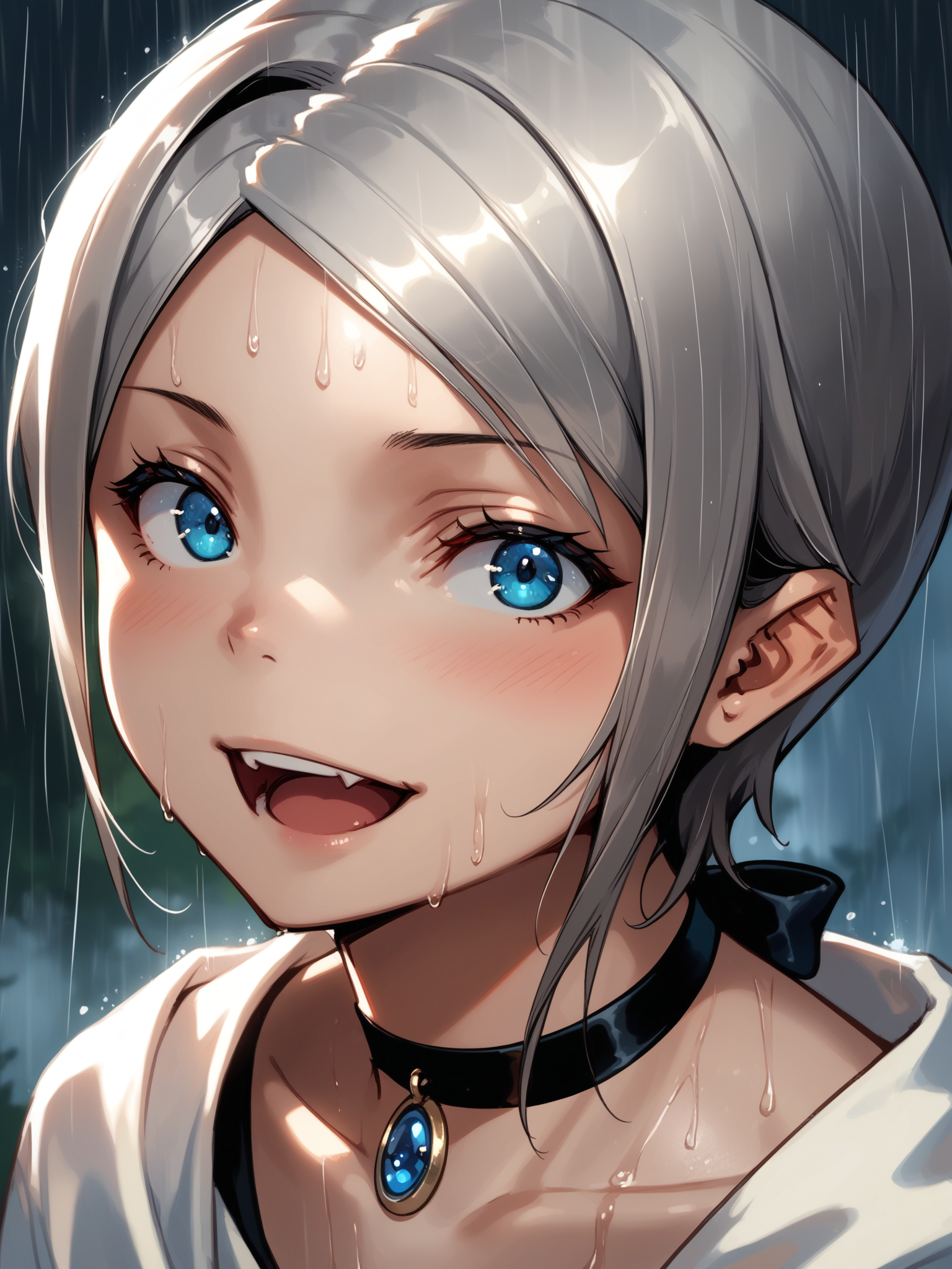 (upper body, solo focus:1.2) <lora:happy_tentacle-leia-v0.1-000033:1>, ht_leia, silver hair, blue eyes, pendant choker, (fangs:0.5), (petite:1.2), <lora:Shed_The_Skin's StS_age_slider_v1_initial_release:-1.2> ( :1.1) ( , , ( surprised :1.2) , seductive smile , (looking at another:1.2) :1) , ( outdoors, thunder, rain :1.2) ( :0.8) score_9, score_8_up, score_7_up, score_6_up, score_5_up, score_4_up, ( [(realistic, photorealistic:1.3):(realistic:1.2):16] [(3d:1.2)::14] :1) <lora:LUUNA's Lunas-NijiJourney-SDXL-B2:0.35>, nijijourney <lora:prgfrg23's Counterfeit-V3.0 Style SDXL_LoRA_Pony Diffusion V6 XL:0.5> <lora:mfcg's mfcgXL:0.12> <lora:reweik's gyokai(himehajime)_PonyXL_style_v01:0.14>