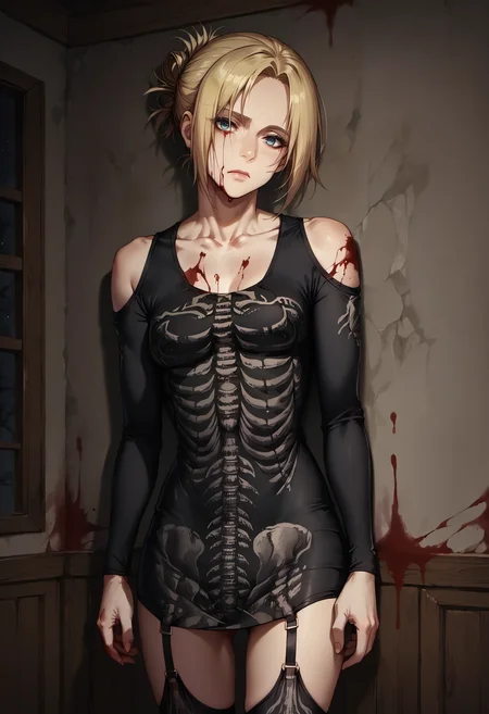 score_9, score_8_up, score_7_up, source_anime, 1girl, solo, looking at viewer, annie leonhardt, single hair bun, skeleton dress, black dress, long sleeves, shoulder cutout, skin tight, heavenlyhost, wainscoting, horror \(theme\), indoors, hallway, dark, shadow, cracked wall, tiles, night, (blood:1.2), blood on wall, blood on clothes, blood splatter, window, broken glass, contrapposto, legs apart, standing, head tilt, black thighhighs, collarbone, garter straps, ceiling light, cowboy shot, closed mouth