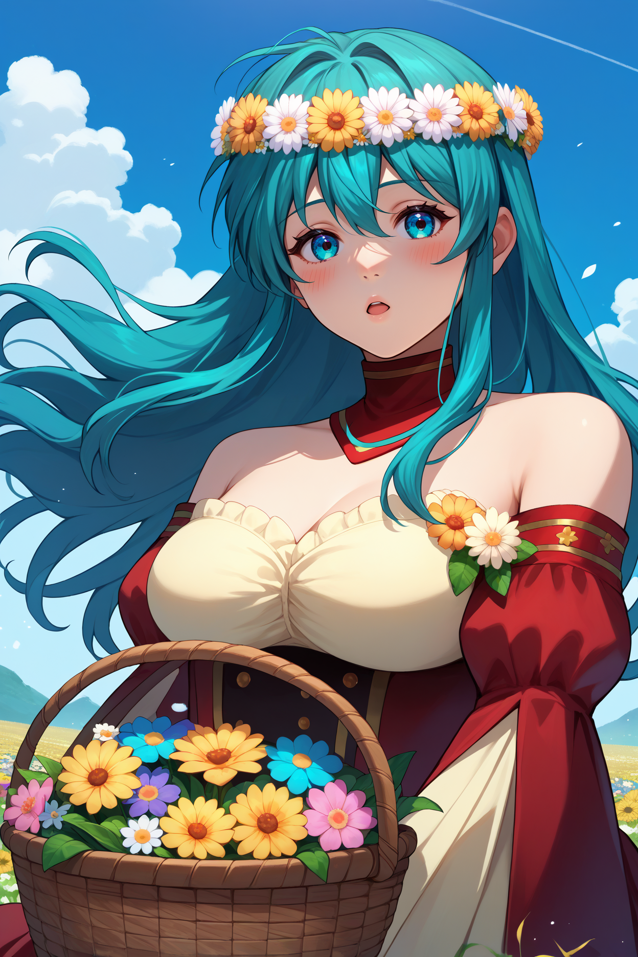 score_9, score_8_up, score_7_up, score_6_up, source_anime, 1girl, solo  <lora:valeirika-pdxl-nvwls-v1-000005:1> valEir, cyan hair, long hair, hair between eyes, head wreath, red dress, red ballgown, detached collar, bare shoulders, basket of flowers, looking at you, big breasts, chestnut mouth, blush, field, blue sky