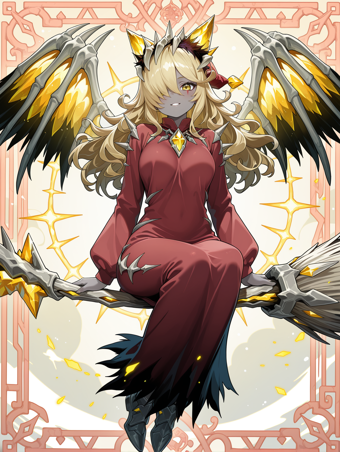 1girl,grey skin,mementotlan angwitch,solo,hair over one eye,looking at viewer,broom,broom riding,demon girl,sitting,teeth,parted lips,full body,smile,facial mark,red headwear,red robe,red frame,official art,
masterpiece,best quality,amazing quality,very aesthetic,absurdres,newest,<lora:Mementotlan Angwitch & Mace illusXL v1.1:0.75>,
