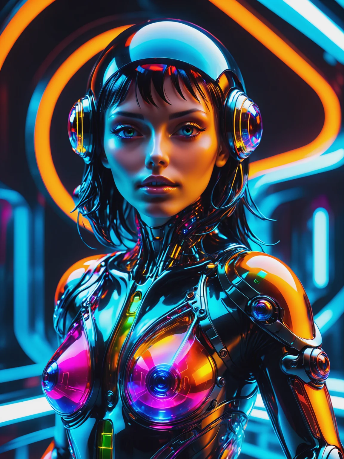 cyberpunk woman, Jed-Jly, Jed-CyFut, Futuristic, Neon, <lora:JellyStyle:0.7> <lora:CyberFuturisticStyle:0.7>, (masterpiece:1.2), best quality