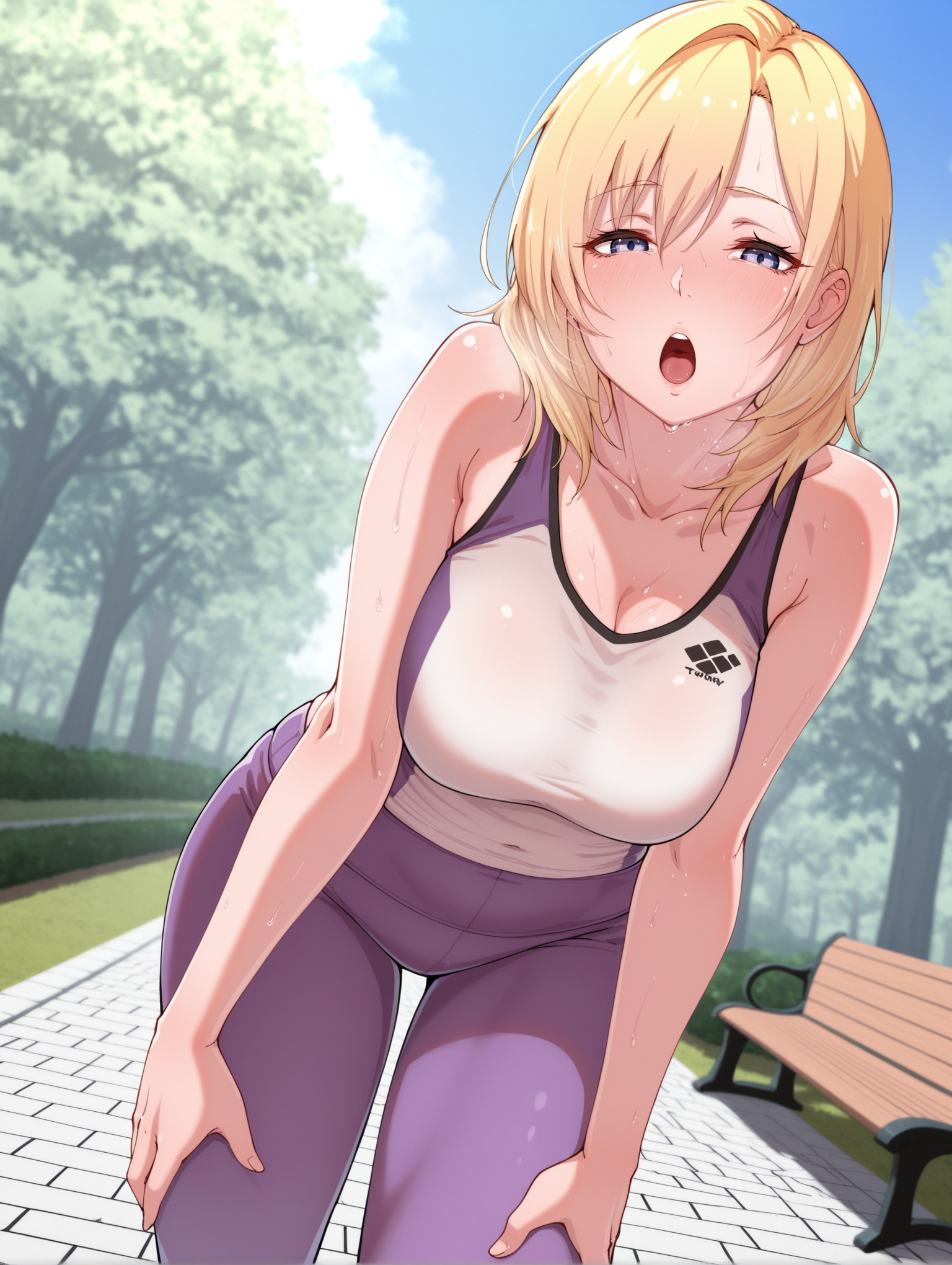 masterpiece, best quality, amazing quality, <lora:yocchi_tenyunkel:0.8>, t3nyunke1, 
1girl, medium hair, mature, sportswear, yoga_pants, looking at viewer, gasp, blonde hair, 
in summer, day, dynamic_angle, park, lawn, bench, path, cowboy shot, sweat, hands on own legs, from below, walking,