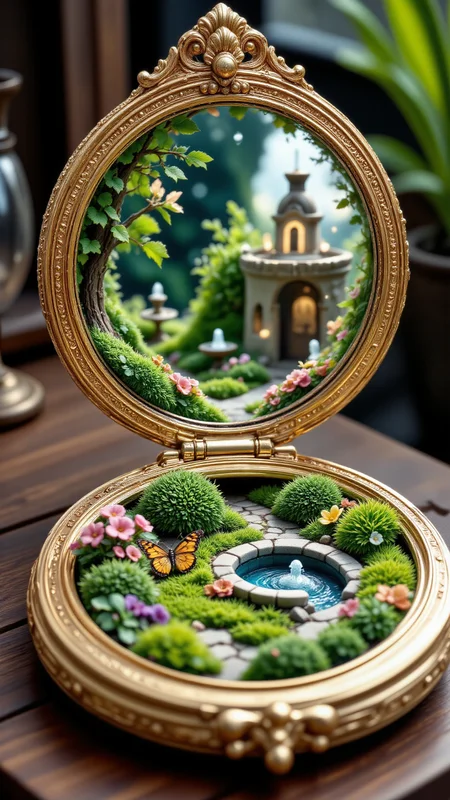 An open compact mirror revealing a hidden castle garden, complete with fountains, hedges, and blooming flowers. Tiny butterflies and garden statues are placed around the grounds, giving a sense of elegance and serenity within the small space, aidmaMJ6.1, aidmafluxpro1.1, aidmaimageupgrader, <lora:FluxDFaeTasticDetails:0.8>, <lora:aidmaMJ6.1v0.4:0.7>, <lora:aidmaImageUpraderv0.3:0.5>, <lora:aidmaFluxPro1.1Stylev0.2:0.8>