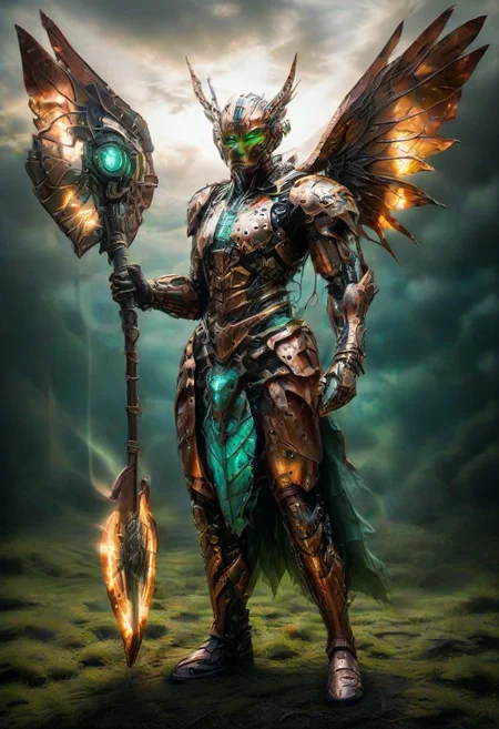 score_9, score_8_up, score_7_up, score_6_up, score_5_up, score_4_up, vibrant colors, easynegative, dramatic lighting, easynegative, Cyborg made of copper, cyborg Angel, copper wings green from oxidation, holding spear and shield, copper armor, chrome highlights, bright sun, blue sky, clouds,