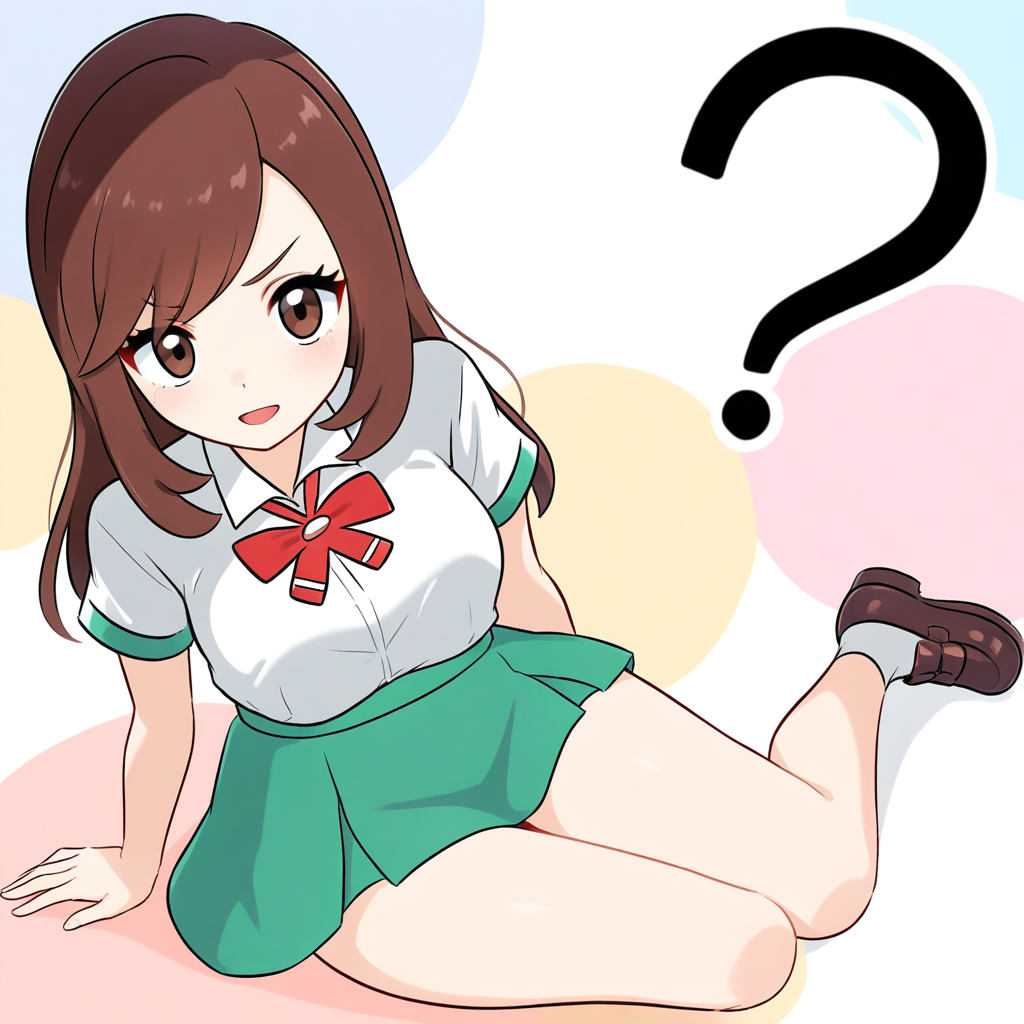 2d, masterpiece, best quality, amazing quality, highres, absurdres, newest, 1girl, solo, sitting, yokozuwari, from above, dutch angle, looking at viewer, multicolored background, simple background, colorful background, medium breasts, lasslgpe, lass \(pokemon lgpe\), brown eyes, brown hair, long hair, bangs, white shirt, collared shirt, short sleeves, red bowtie, green skirt, pleated skirt, miniskirt, white socks, ankle socks, loafers, brown footwear
