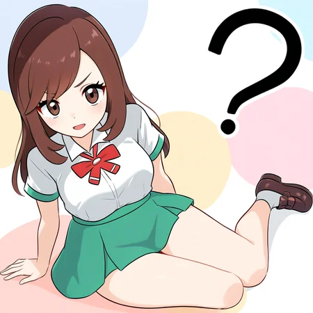 2d, masterpiece, best quality, amazing quality, highres, absurdres, newest, 1girl, solo, sitting, yokozuwari, from above, dutch angle, looking at viewer, multicolored background, simple background, colorful background, medium breasts, lasslgpe, lass \(pokemon lgpe\), brown eyes, brown hair, long hair, bangs, white shirt, collared shirt, short sleeves, red bowtie, green skirt, pleated skirt, miniskirt, white socks, ankle socks, loafers, brown footwear