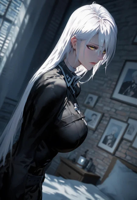 <lora:Dakia_Irimel__The_Priest_of_Corruption__Manhwa:0.8>, DakiaIrimel, yellow eyes, white hair, long hair, daily uniform ,,score_9, score_8_up, score_7_up, A hand-drawn painting with rough, emotive strokes, in an oil painting style, surreal images, unreal engine 5, higher resolution textures, 4k graphic resolution, dimly lit, high detailed shading,1girl, solo,beautiful girl, perfect eyes, sexy, cute face,pose,seductive pose,Dutch Angle (from the side) view Close shot (focus on waist),huge breasts,Modest Breasts,Industrial loft bedroom with exposed brick walls and a platform bed,Expressiveh , <lora:Better_expressionsH:0.65> , <lora:add_details_xl:1> ,