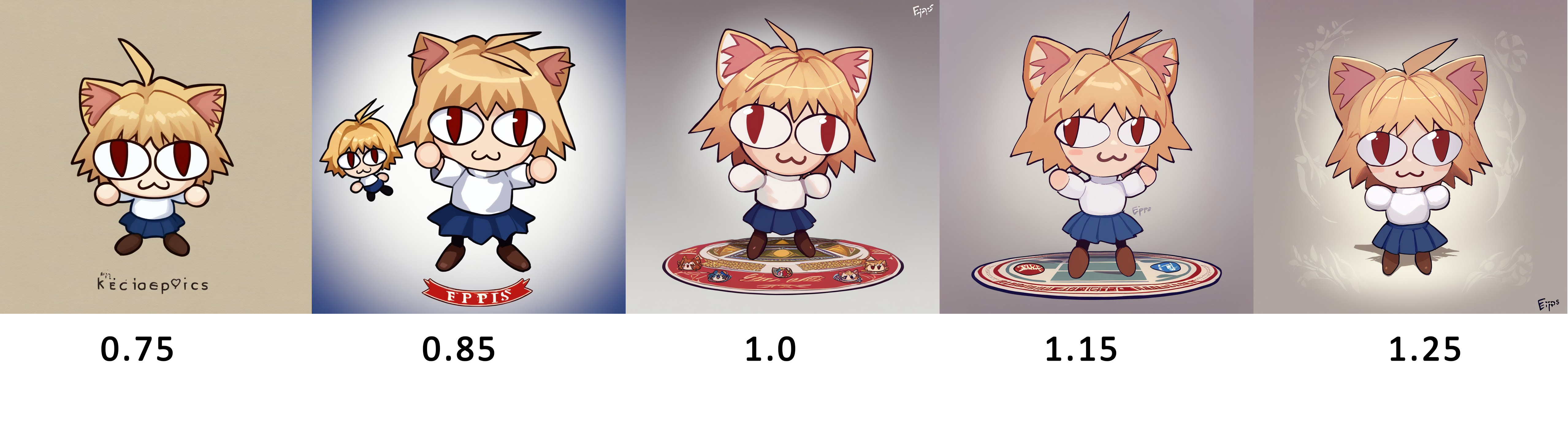 SmoothQualityPony, Epips, Sticker showing necoarc, necoarc, blonde hair, red eyes, slit pupils, cat ears, :3, chibi, turtleneck, white shirt, blue skirt, pleated skirt, pantyhose, brown footwear, full body, standing, dynamic pose