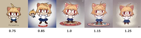 SmoothQualityPony, Epips, Sticker showing necoarc, necoarc, blonde hair, red eyes, slit pupils, cat ears, :3, chibi, turtleneck, white shirt, blue skirt, pleated skirt, pantyhose, brown footwear, full body, standing, dynamic pose