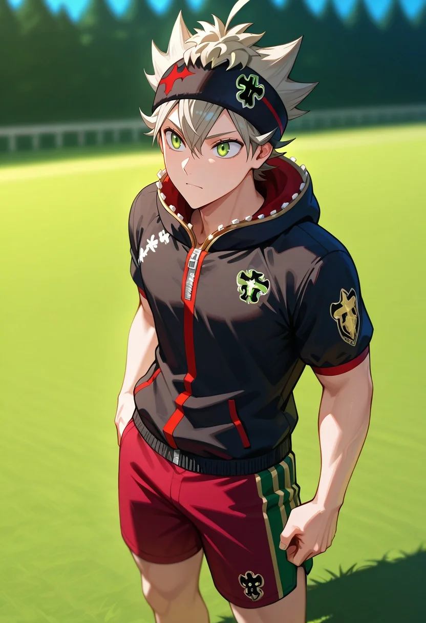 masterpiece, best quality, intricate details, , , 1boy, solo, male focus, <lora:asta_black_clover_ilxl:0.98>, asta_black_clover, grey hair, green eyes, short hair, spiked hair, , , Tribal PistachioGreen Rugby shorts, Parka, , ,