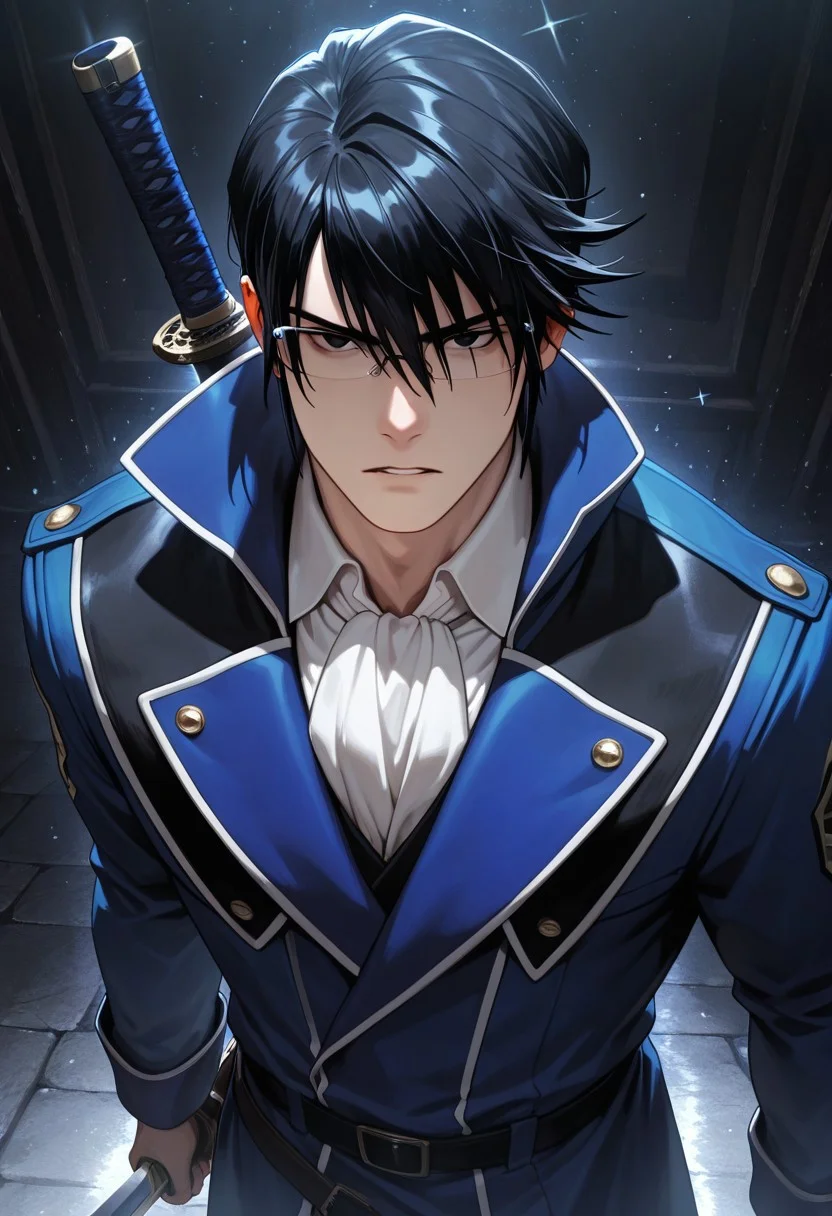 masterpiece, best quality, amazing quality, absurdres, newest, detailed background, definition so sharp, Ultra-HD, 8K cinematic, very awa, impressionate, amazing quality, highres,
solo, male focus, manly, mature male, bara, cool coloring, aesthetic,
reishimunakata, reishi_black hair, reishi_black eyes, 1boy, short hair, glasses, blue coat, white collared shirt, ascot,
parted lips, serious face, charming, sparkle, looking at viewer, holding sword, sword on front face, standing,