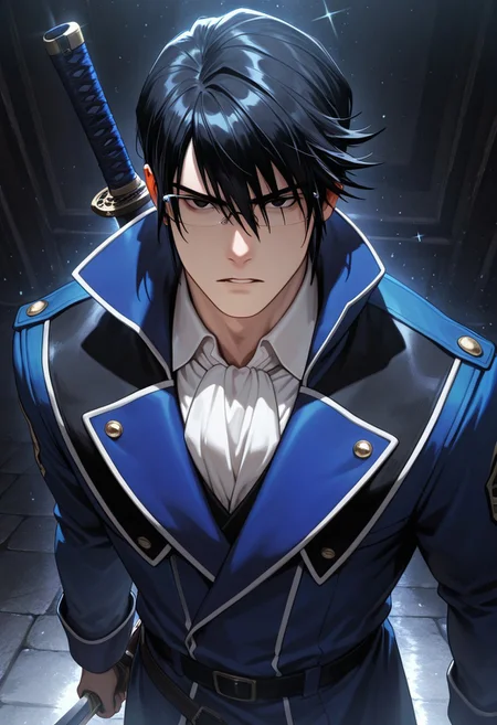 masterpiece, best quality, amazing quality, absurdres, newest, detailed background, definition so sharp, Ultra-HD, 8K cinematic, very awa, impressionate, amazing quality, highres,
solo, male focus, manly, mature male, bara, cool coloring, aesthetic,
reishimunakata, reishi_black hair, reishi_black eyes, 1boy, short hair, glasses, blue coat, white collared shirt, ascot,
parted lips, serious face, charming, sparkle, looking at viewer, holding sword, sword on front face, standing,