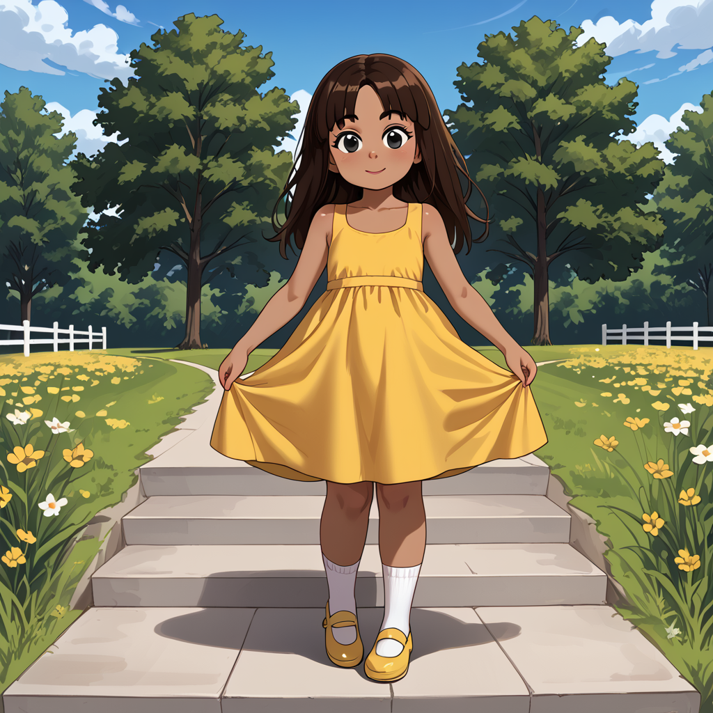 outside,   <lora:Emmie Molly:1> emmie, 1girl, female child, solo, brown hair, dark-skinned female, black eyes, long hair, dress, yellow dress, shoes, socks, full body